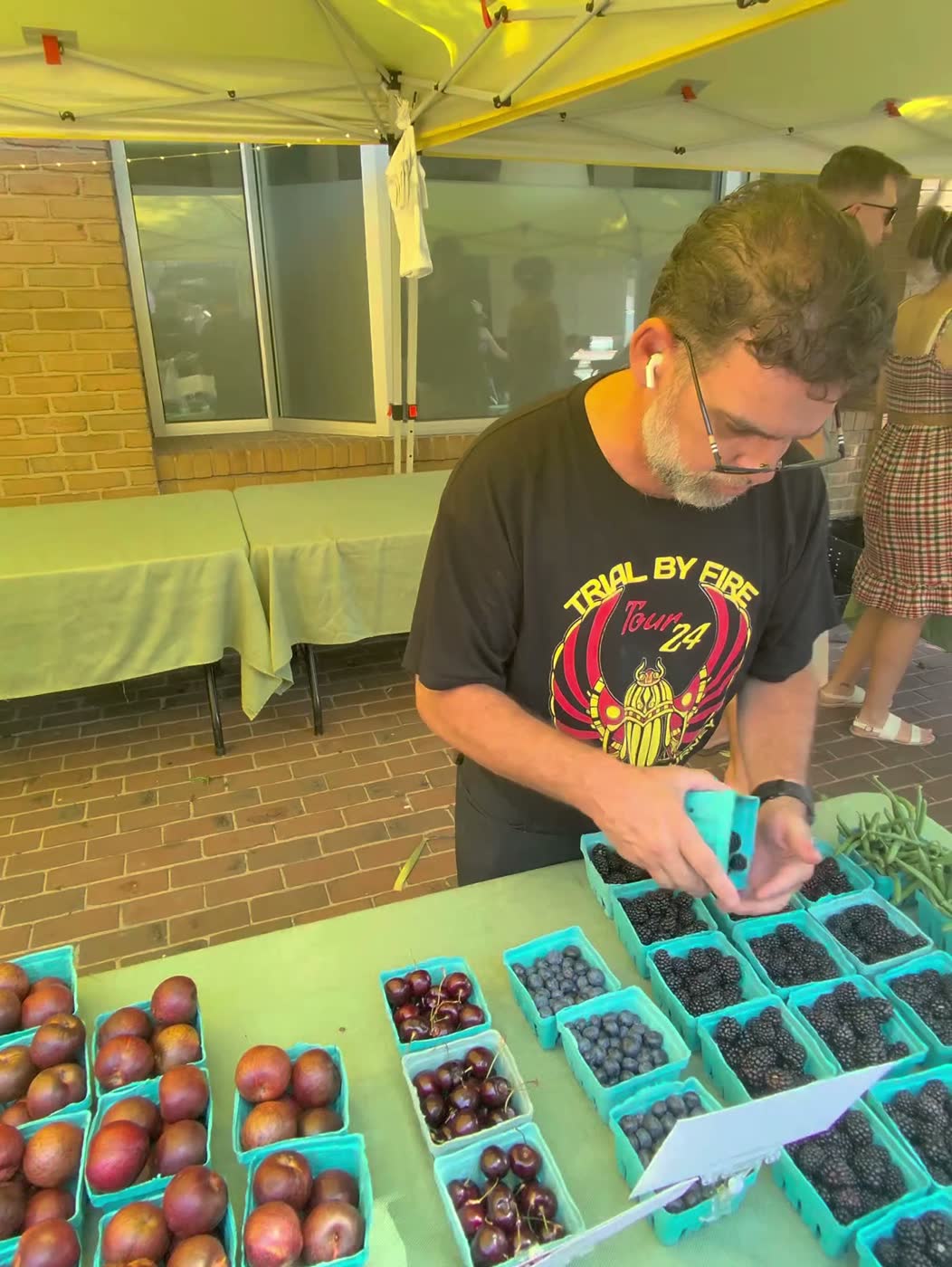 A grower sorting pints of blueberries and plums on a farm stand table under a market tent