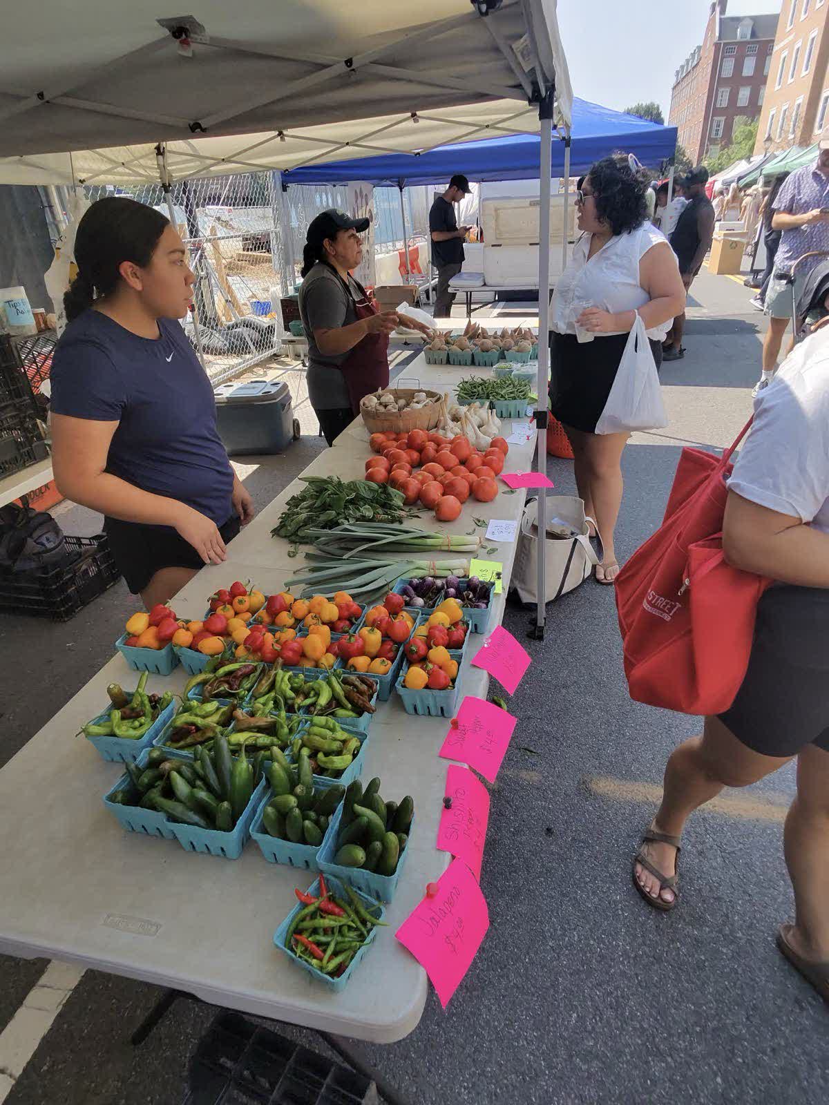 Tomatoes, peppers, and greens on a folding table at a local farm stand, with the grower behind them