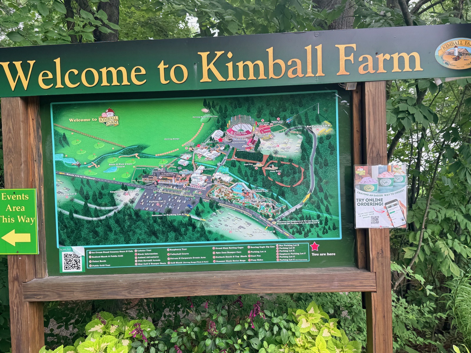 The Welcome to Kimball Farm sign with a painted map of the whole 50 acre property